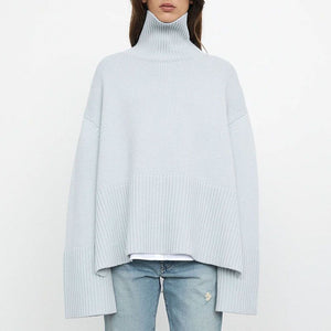 Oversized Baggy Block Striped Wool Cotton Blend Turtleneck Sweater With Slit