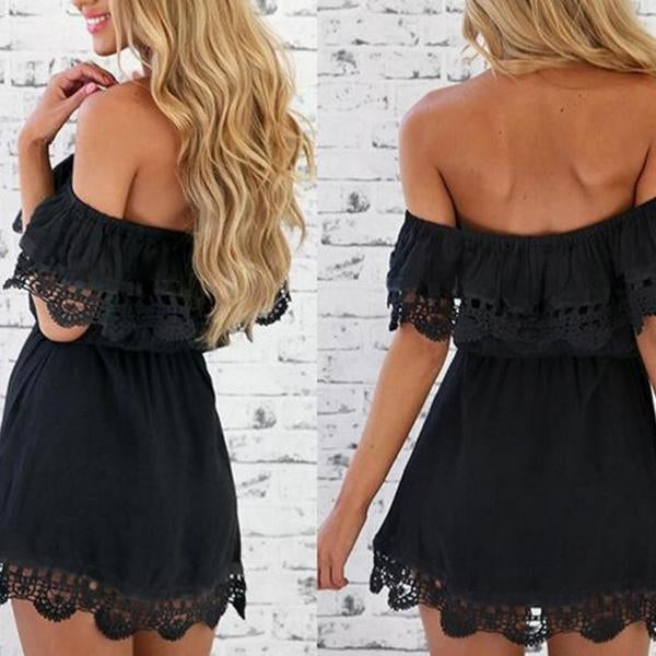 Lace Trimed Off The Shoulder White Mini-Dress Flowy