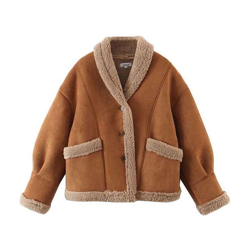 Tan Faux Lambskin Suede Double Faced Faux Fur Shearling Jacket