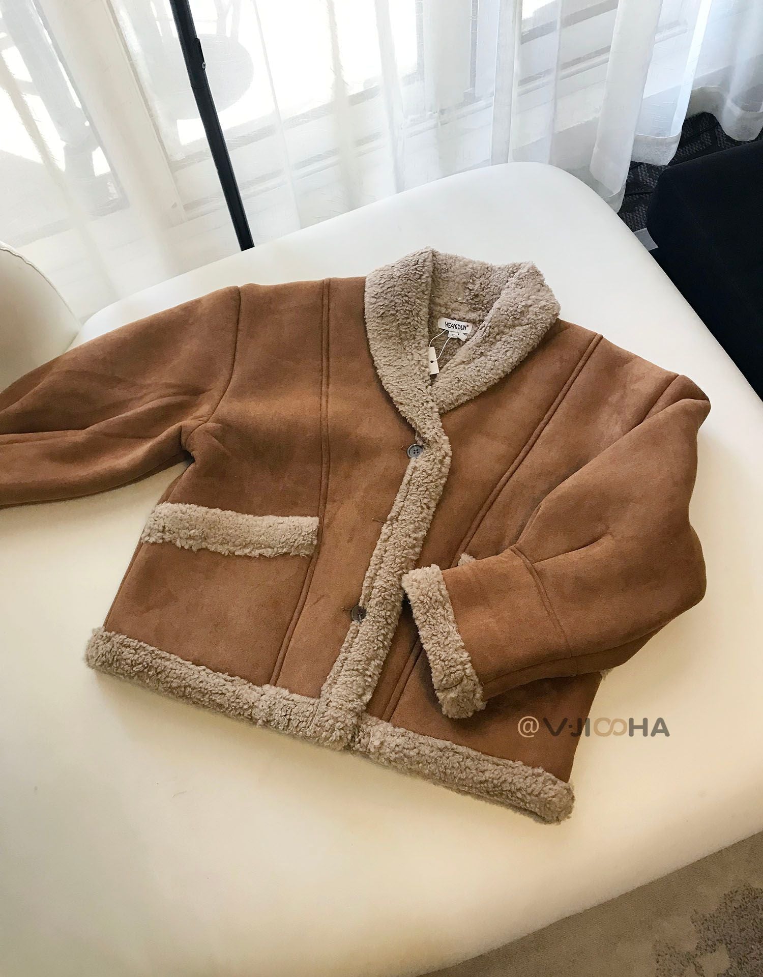 Tan Faux Lambskin Suede Double Faced Faux Fur Shearling Jacket