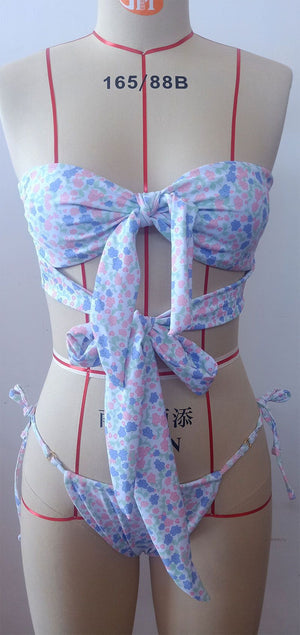 Pastel Floral Printed Strappy Cut Out Tie Knot Strapless Bikini Set