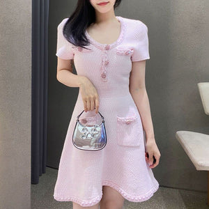 Sequin Crystal Embellished Short Sleeve Knit Mini Dress With Jewel Buttons