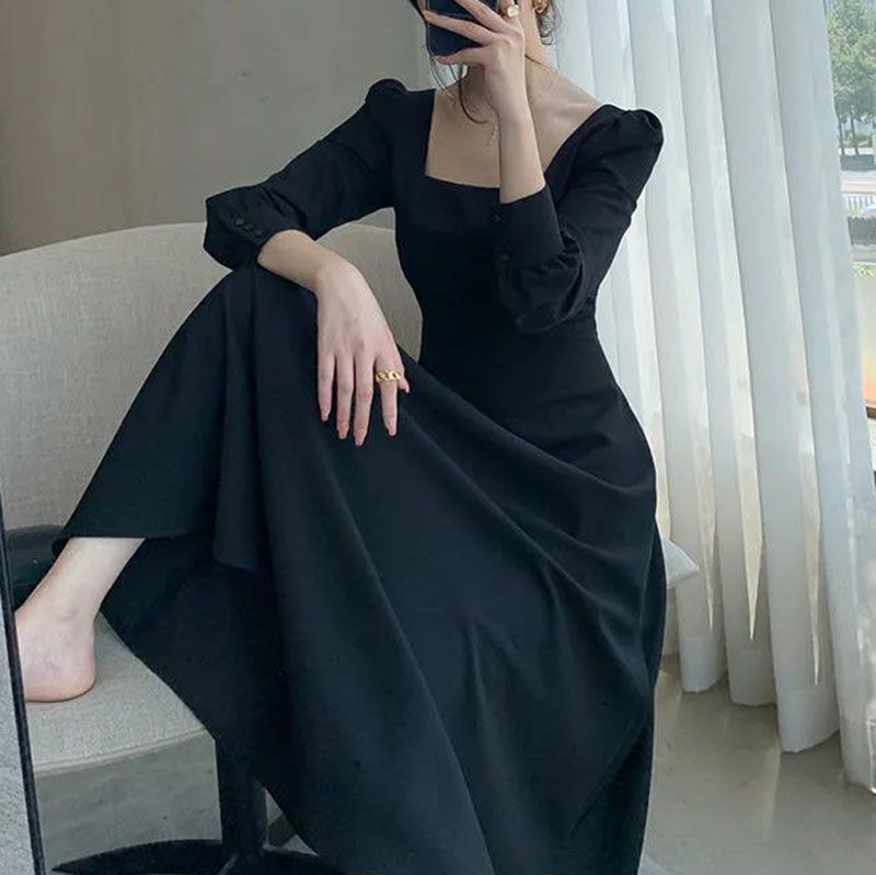 All Black Slim Puff Long Sleeve Square Neck A Line Midi Dresses That Hide Belly