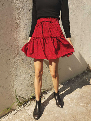 Classic Tie Front High Waisted Elastic Waist Ruffle Skirt