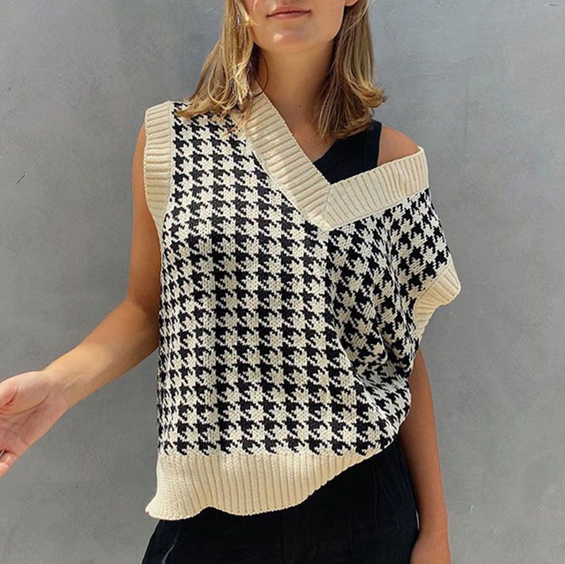 Checkered Cropped Knitted Tank Argyle Sleeveless Jumper