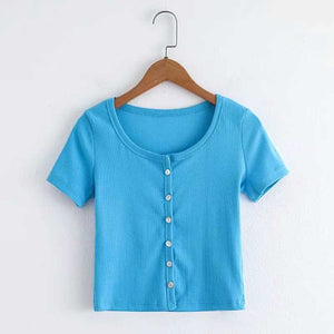 Knitted Short Sleeve Button Down Crop Top Tshirts