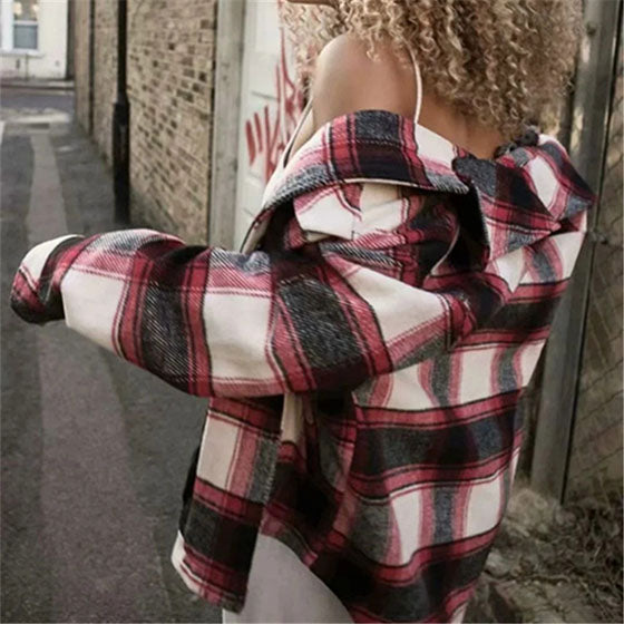 Classic Thick Colorblock Checked Button Down Shirt Jacket Woolen