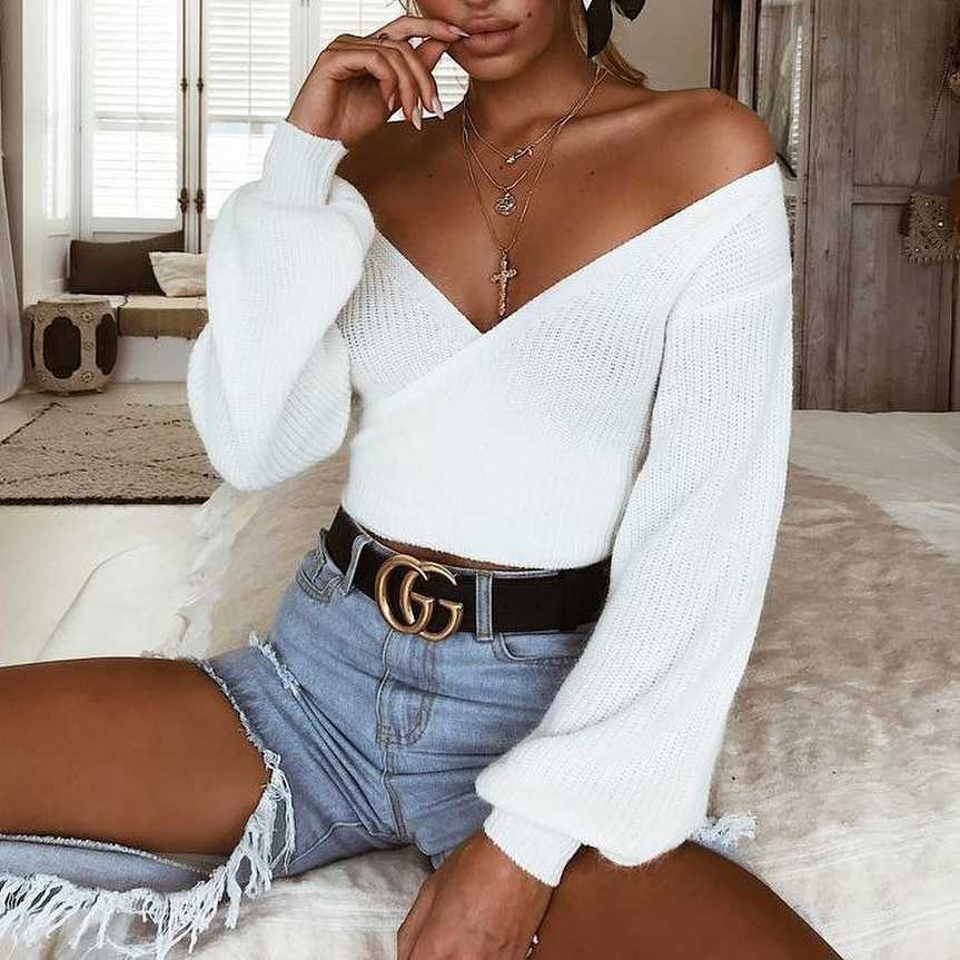 Oversized Tie Back Knitted Wrap Front Sweater Crop Tops