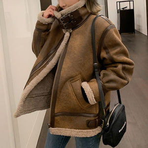 Faux Fur Lined Leather Shearling Moto Jacket