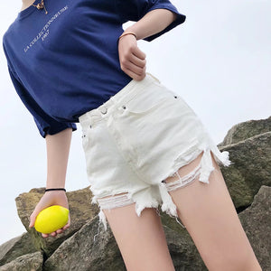 Cute Destroyed Washed Side Cut High Waisted Ripped Denim Shorts