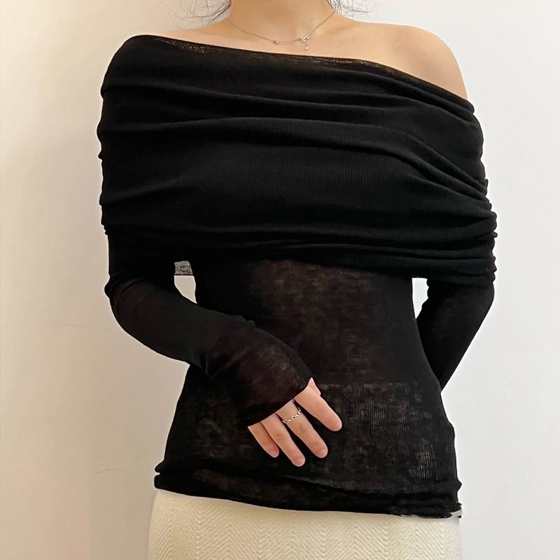 Cozy Rib Knitted Draped Off The Shoulder Top Blouse