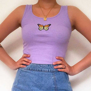 Colorful Butterfly Embroidered Ribbed Cotton Tank Top Crop Top