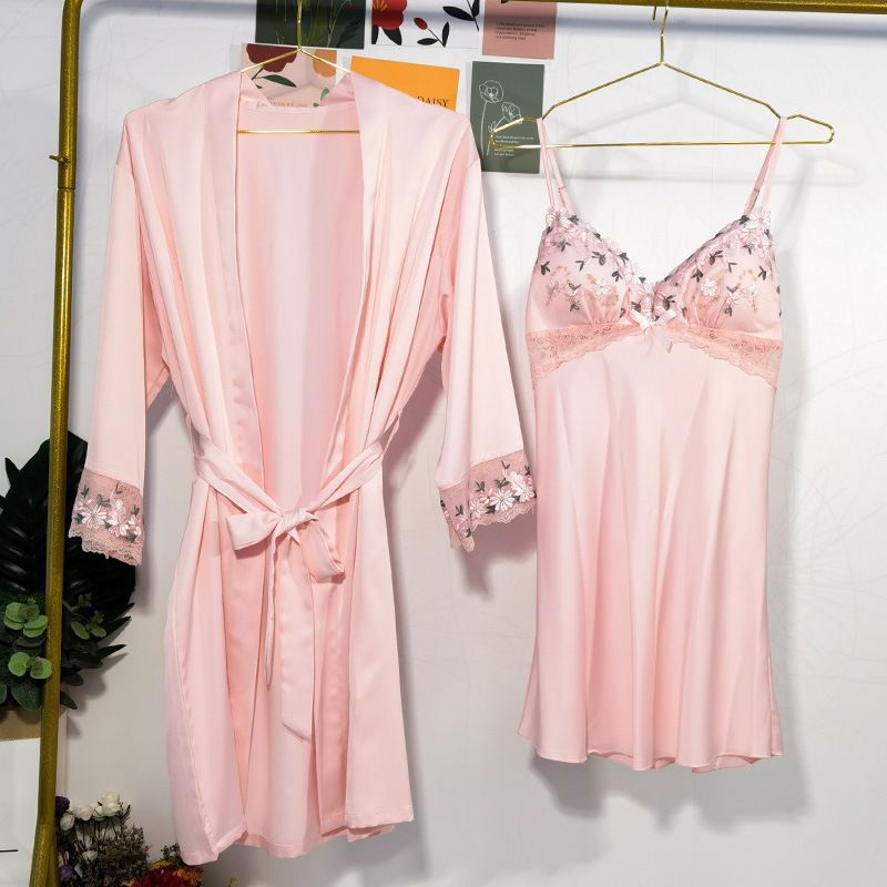 Romantic Night Two Pieces Satin Nightgown Pajamas Robe Sleepwear Set