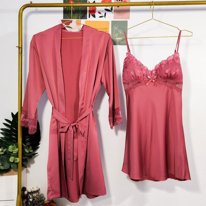 Romantic Night Two Pieces Satin Nightgown Pajamas Robe Sleepwear Set