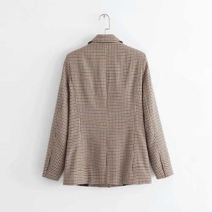 Double Breasted Khaki Lapel Collar Checkered Blazer Suit Womens