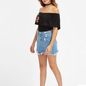 Vintage Washed Distressed Notched Light Denim Mini Skirt