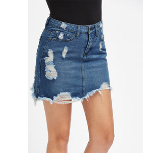 Vintage Washed Distressed Notched Light Denim Mini Skirt