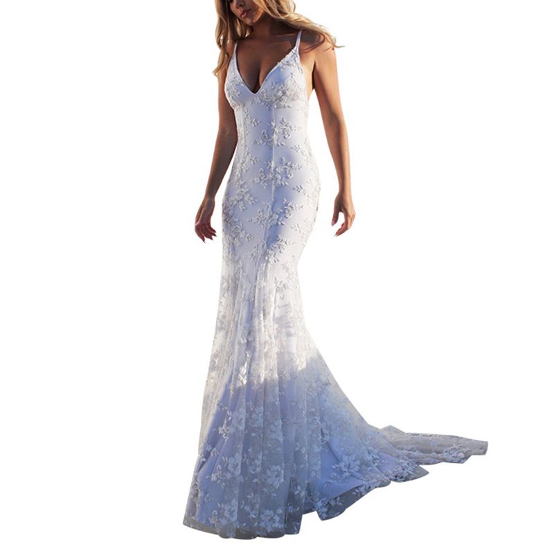 Back Criss Cross V Neck White Mesh Lace Chapel Long Tail Embroidery Formal Gown Dresses