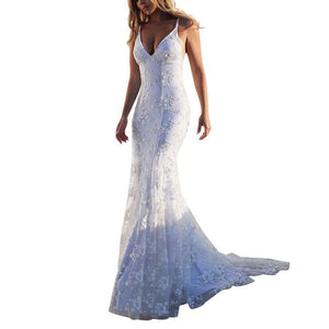 Back Criss Cross V Neck White Mesh Lace Chapel Long Tail Embroidery Formal Gown Dresses