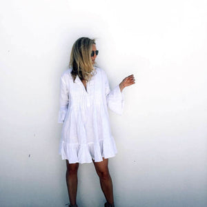 Oversized Casual Button Up Ruched Ruffle Hem Short Beach Dress