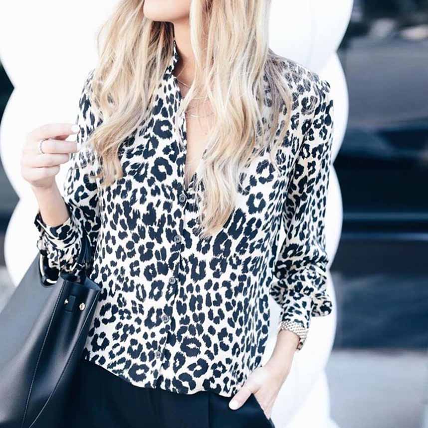 Oversized Retro Long Sleeve Leopard Print Button Up Shirt Womens