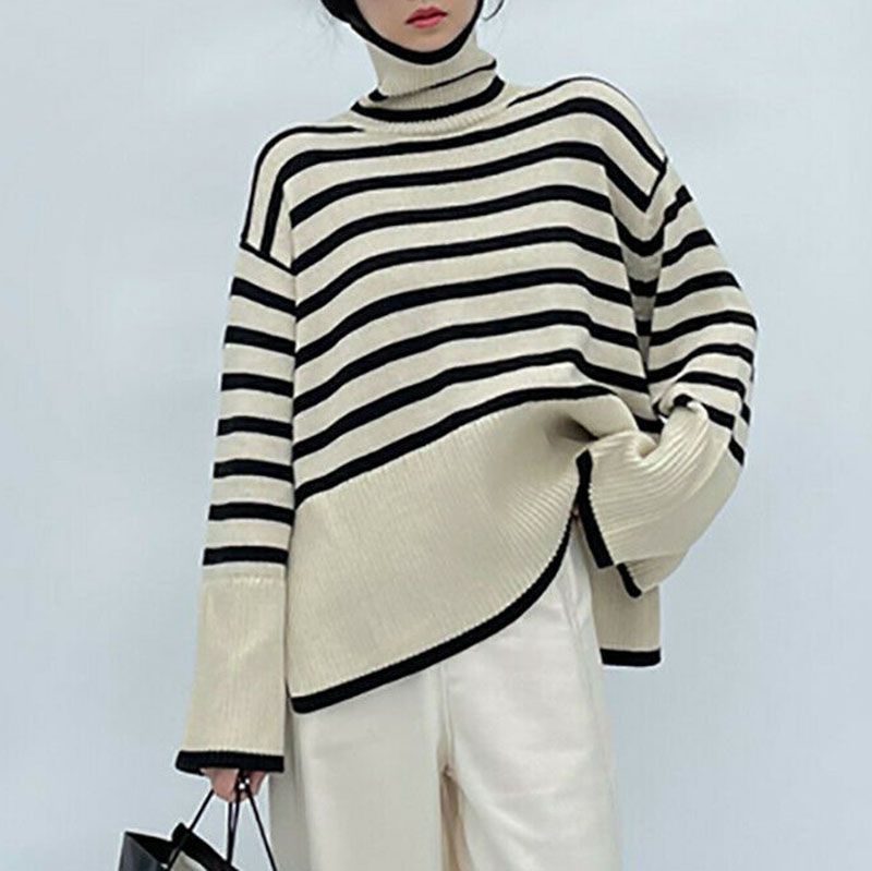 Oversized Baggy Block Striped Wool Cotton Blend Turtleneck Sweater With Slit