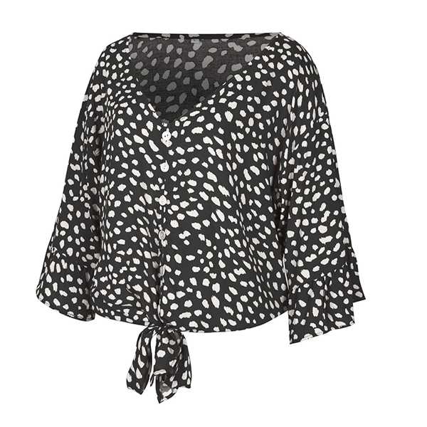 Bell Sleeve Painted Dots Tie Front Button Down Shirt