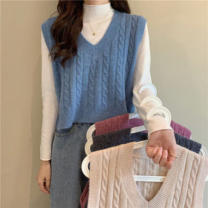 Oversized Cable Knit V Neck Knitted Tank Top Sweater – sunifty