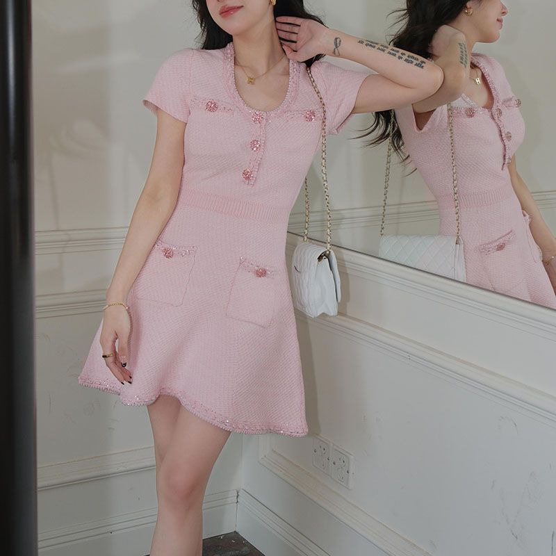 Sequin Crystal Embellished Short Sleeve Knit Mini Dress With Jewel Buttons