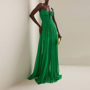 Slip Spaghettie Deep V Neck Cut Out Bustier Pleated Floor Length Gown Dress