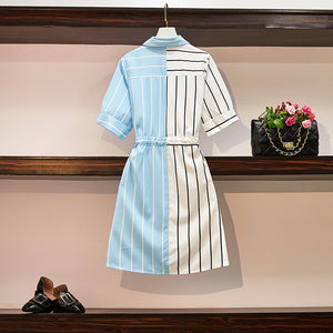Two Piece Slimming Stripe Color Block Midi Shirt Dress