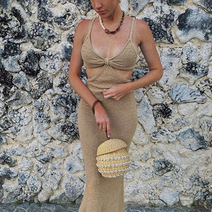 Sultry Rib Knit Side Cut Out Knotted Bandage Spaghetti Strap Sleeveless Maxi Bodycon Dress