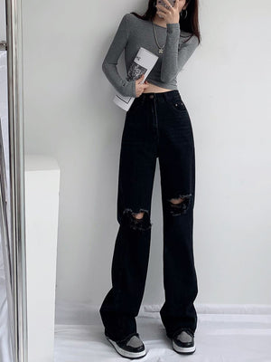 Washed Straight Slim Fit High Waist Ripped Wide Leg Denim Jeans