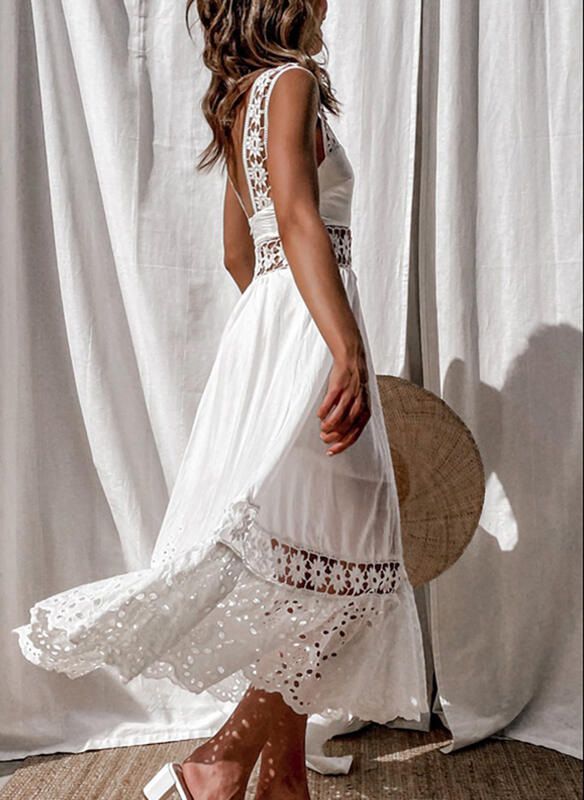 Broderie Anglaise Contrast Lace Dress With Patchwork Frilly Thick Strap