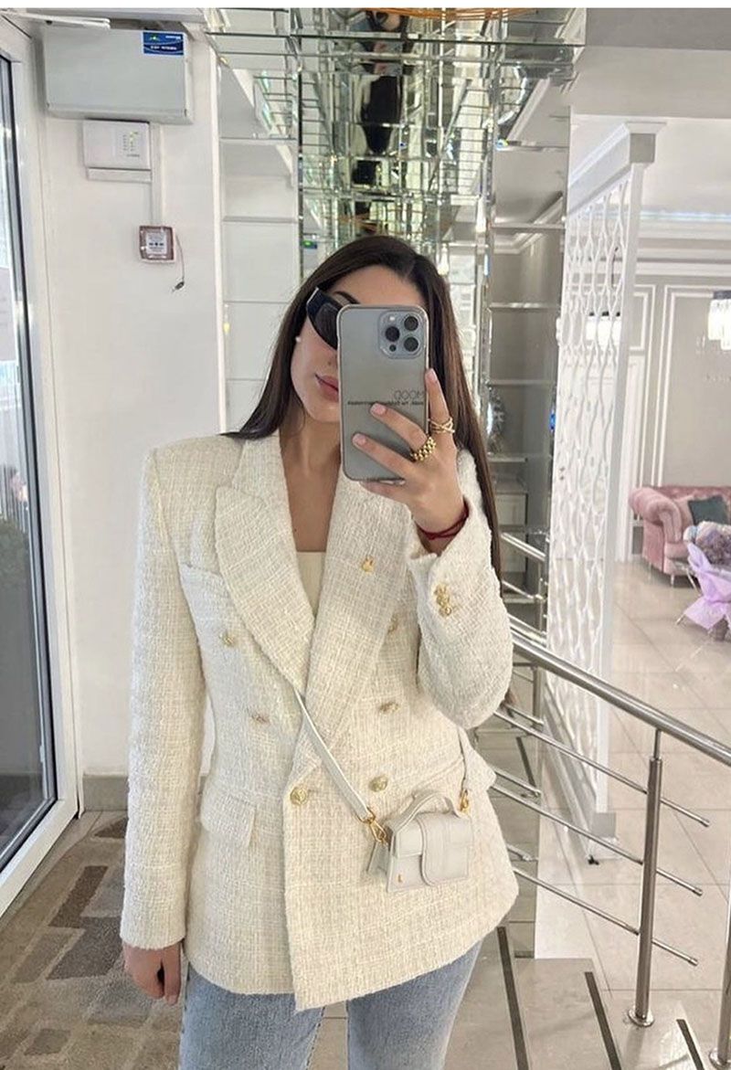 Classic Double Breasted Tweed Blazer Jacket Winter Office Coats For Women