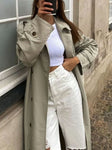 Classic Large Collar Belted Twill Long Trench Coat Calf Length Overcoat