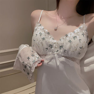 Romantic Night Two Pieces Satin Nightgown Pajamas Robe Sleepwear Set