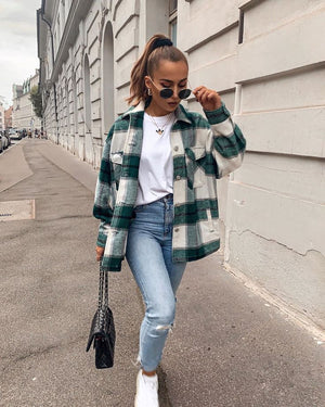 Classic Thick Colorblock Checked Button Down Shirt Jacket Woolen