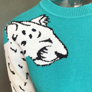 Contrast White Leopard Knit Crewneck Jumper Sweater Ribbed