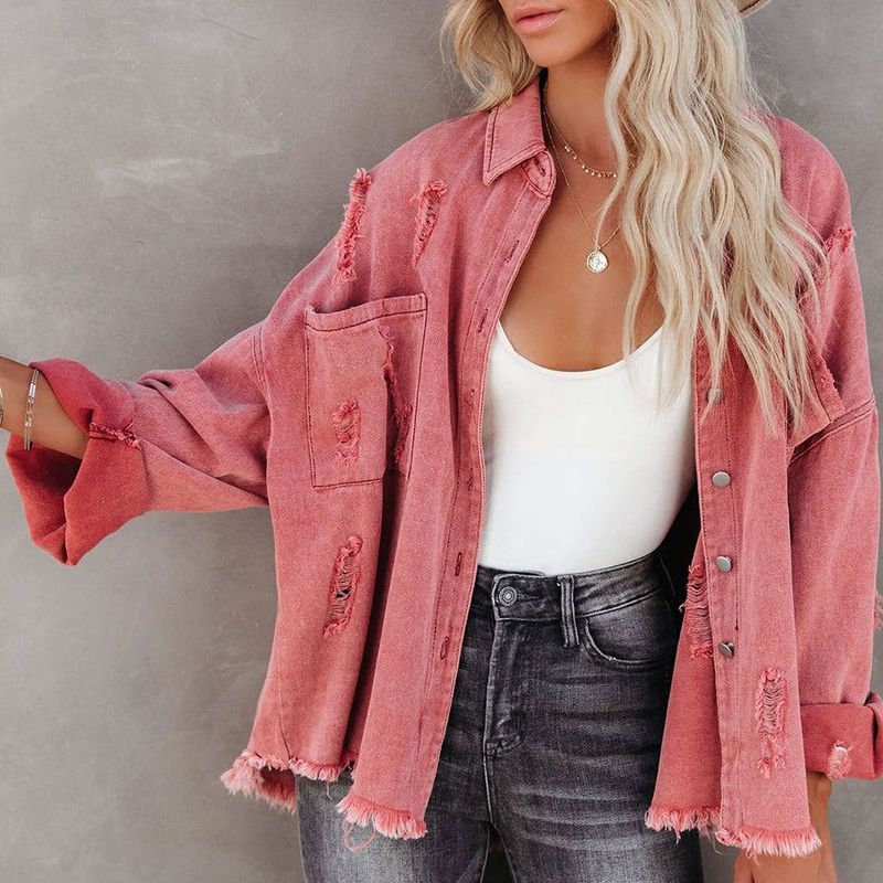 Relaxed Fit Ripped High Low Hemline Cotton Distressed Denim Jacket