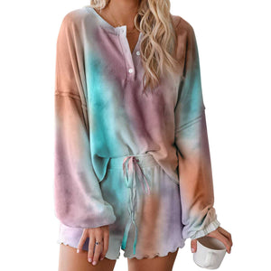 Aesthetic Pastel Tie Dye Knit Pullover Top And Scalloped Ruffle Knit Shorts Sets
