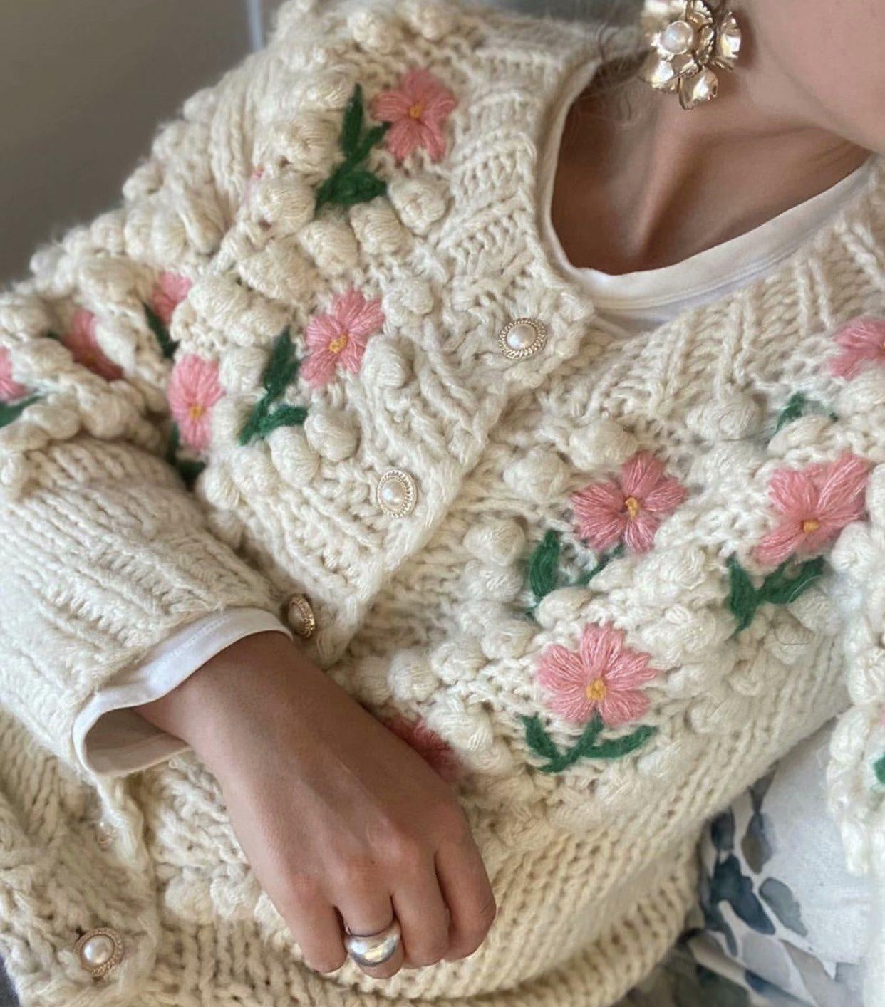 Stitch Floral Embroidered Diamond Pom Pom Hand Cable Knit Cardigan Sweater