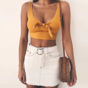 Elastic Fit Push Up Ribbed Tie Front Crop Top Shirt