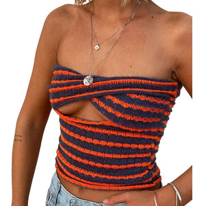 Rainbow Stripes Crinkle Smocked Cut Out Twisted Strapless Top Longline Bandeau