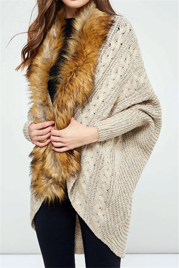 Oversized Furry Fur Collar Trim Batwing Knit Cardigan Sweaters