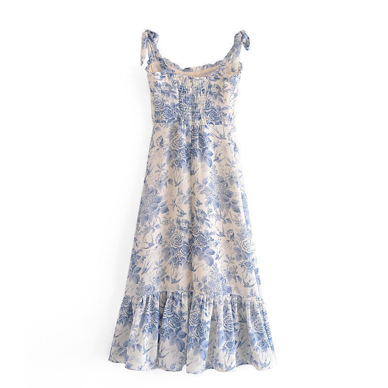Blue Floral Smocked Print Ruffle Hem Edged Sleveless Midi Dress