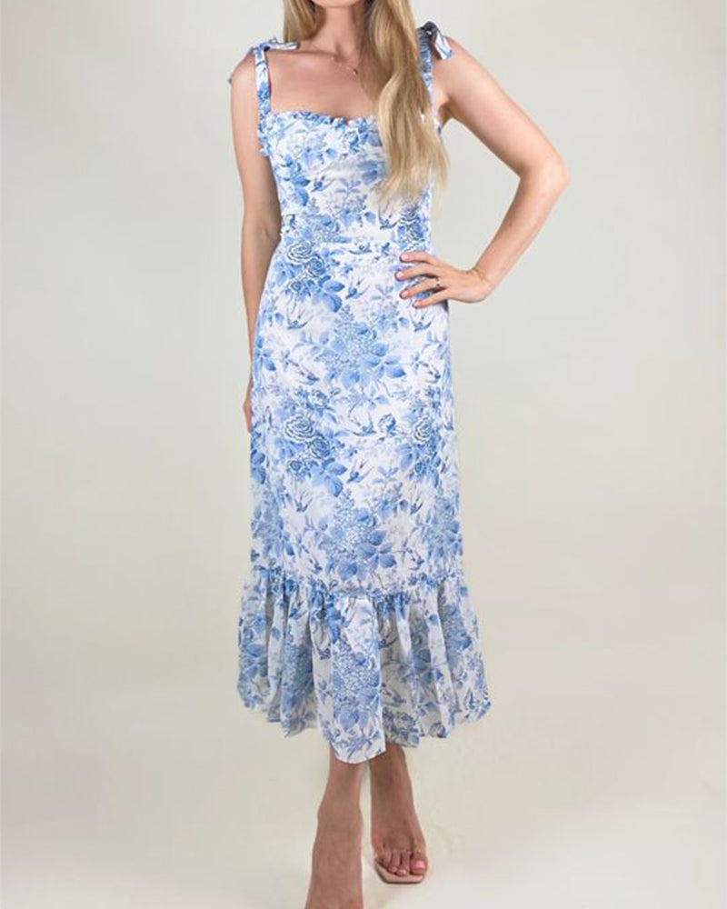 Blue Floral Smocked Print Ruffle Hem Edged Sleveless Midi Dress