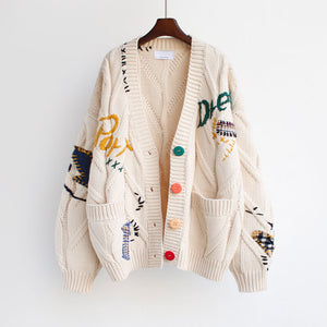Cute Embroidered Patchwork Oversized College Braided Cardigan