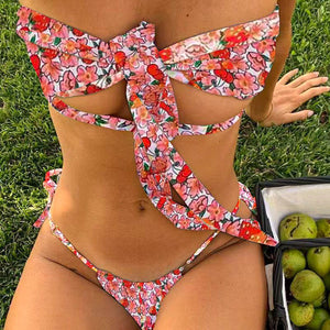 Pastel Floral Printed Strappy Cut Out Tie Knot Strapless Bikini Set