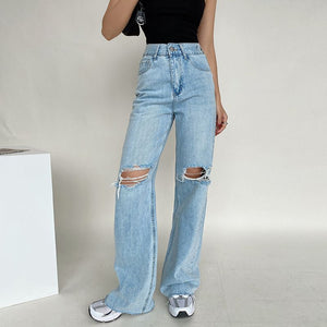 Washed Straight Slim Fit High Waist Ripped Wide Leg Denim Jeans